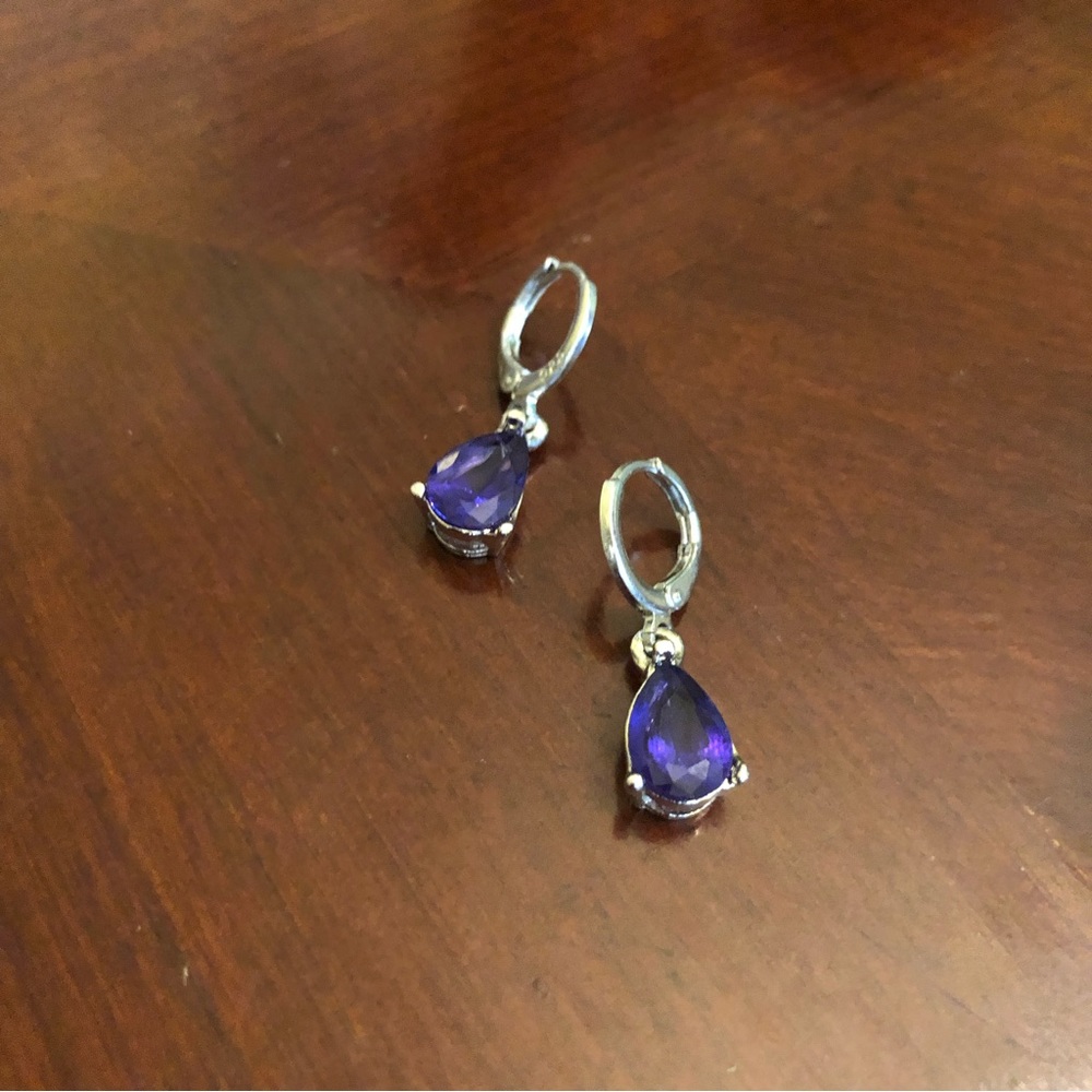 Yaomiao Crystal Dangle Cubic Zirconia Water Drop Earrings Women's Purple/Silver - Picture 3 of 7